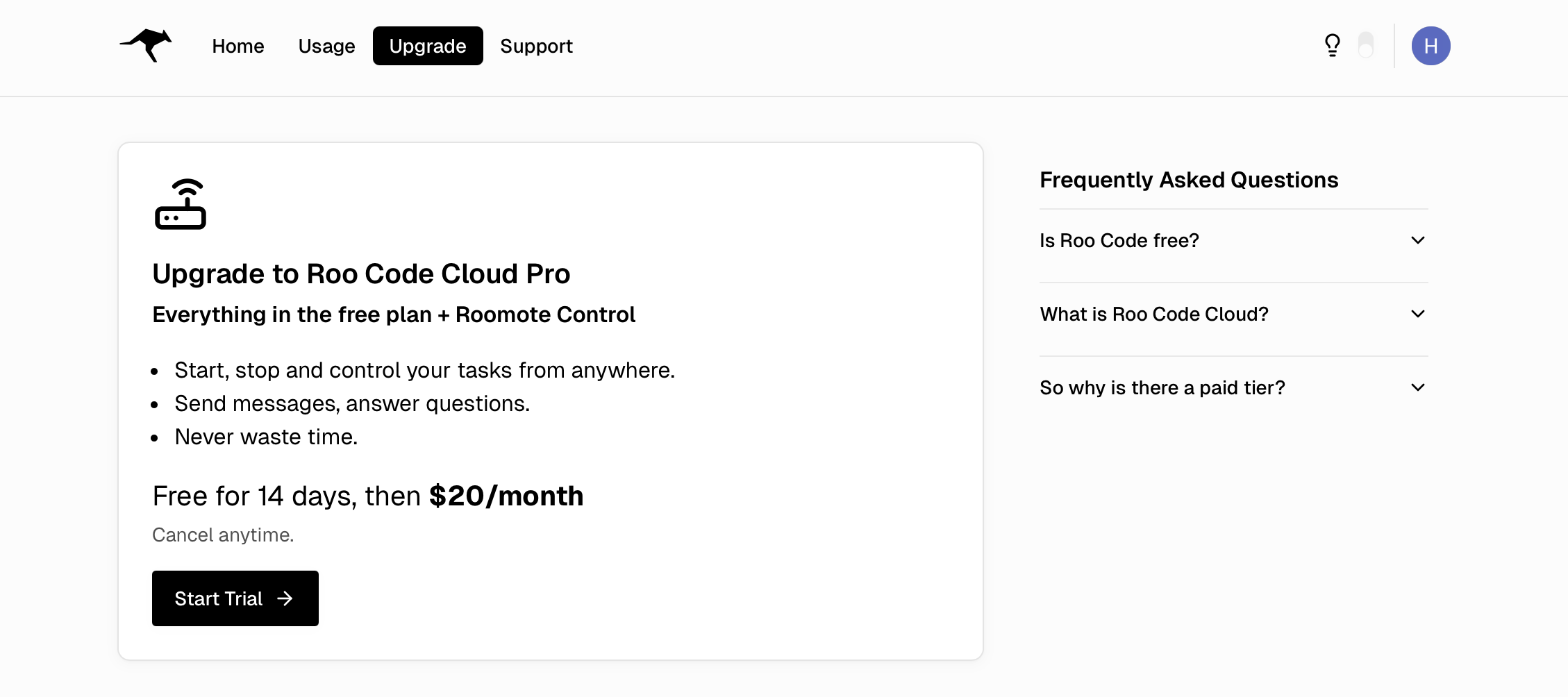 Upgrade page showing Start Trial for Pro