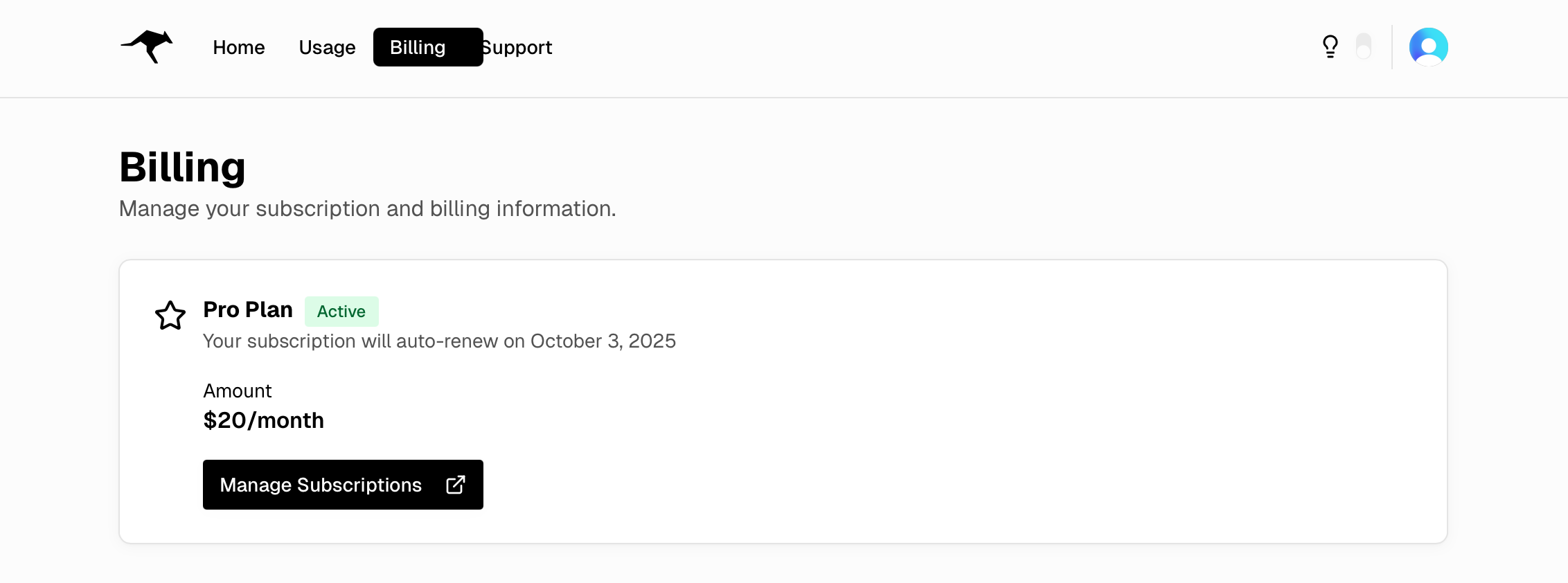 Billing page with active Pro plan and Manage Subscriptions