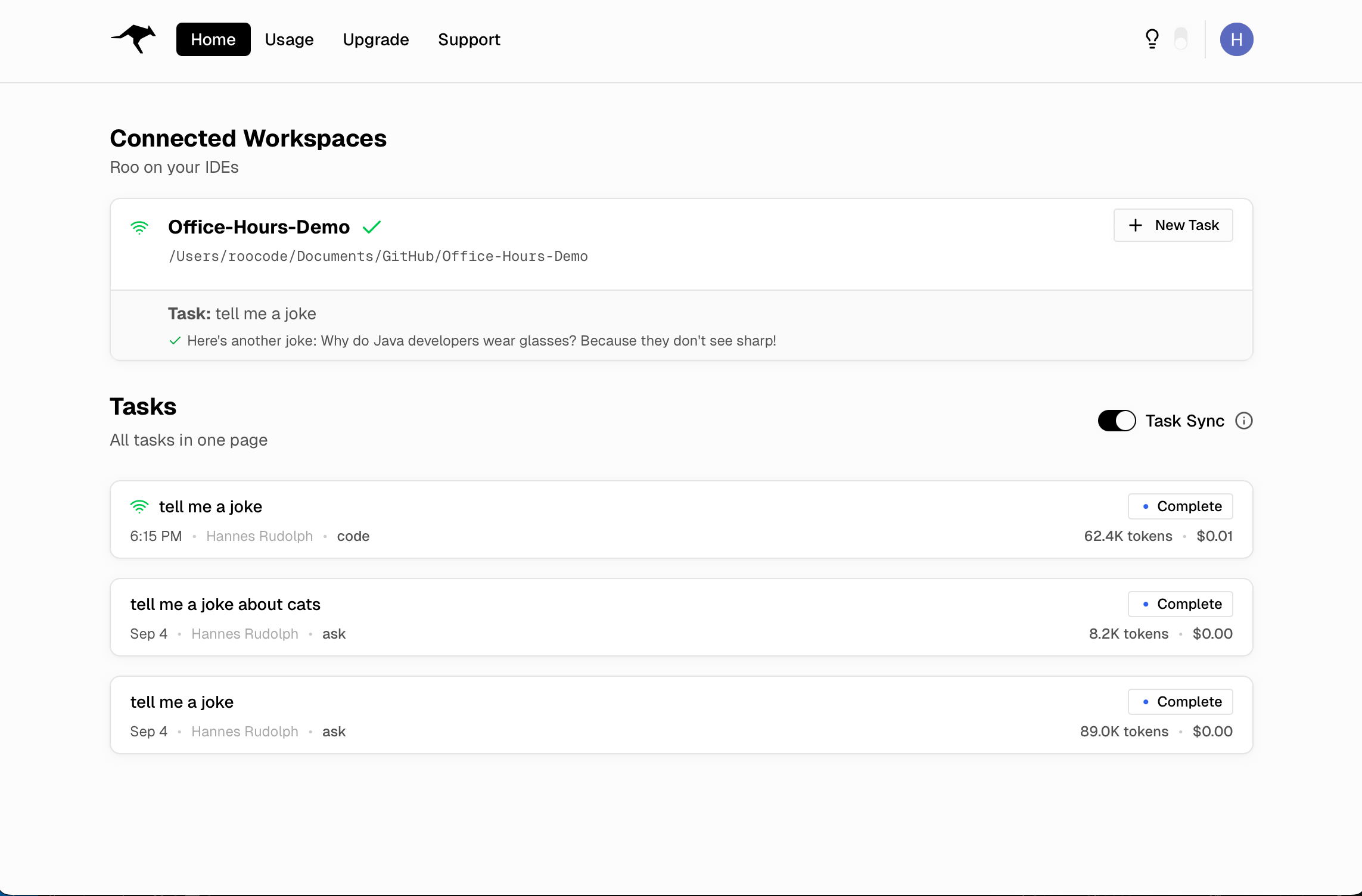 Roo Code Cloud home showing connected workspaces and tasks
